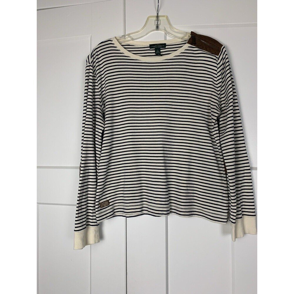 Ralph Lauren Women Shirt Elbow Patch White Striped Zip Shoulder Long Sleeve Sz L